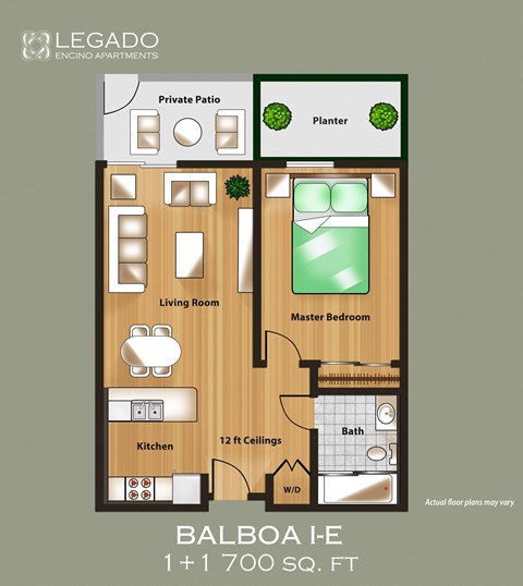 Floor plan for 1 bed, 1 bath, 740 sqft